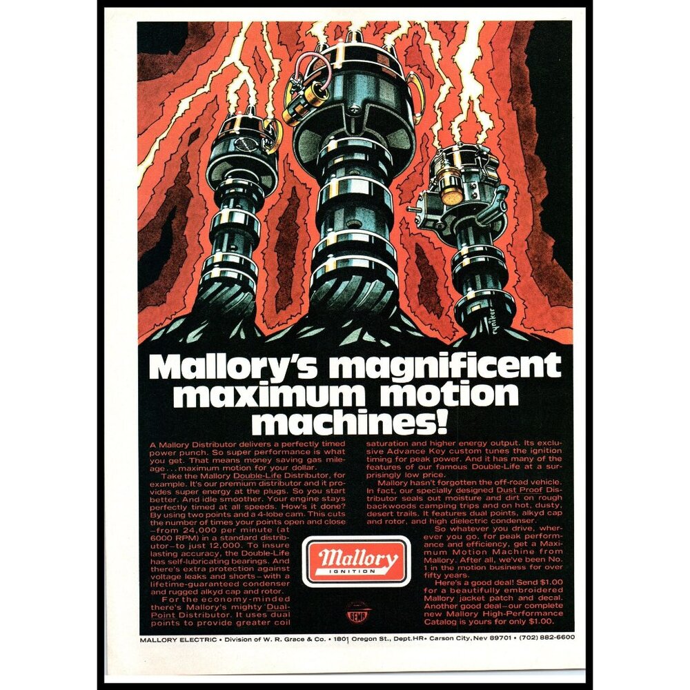 1975 Mallory Ignition Distributor Vintage Print Ad Man Cave Hot Rod Wall Art 70s